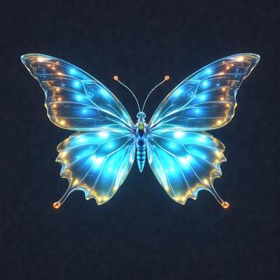The primary subject of the image is a blue butterfly with yellow wings. The butterfly is prominently displayed in the foreground, with its wings spread wide. The setting is a dark background, which contrasts with the vibrant colors of the butterfly. The visual style of the image is digital art, as it appears to be a computer-generated or digitally edited image. The dominant colors are blue and yellow, creating a lively and eye-catching atmosphere.